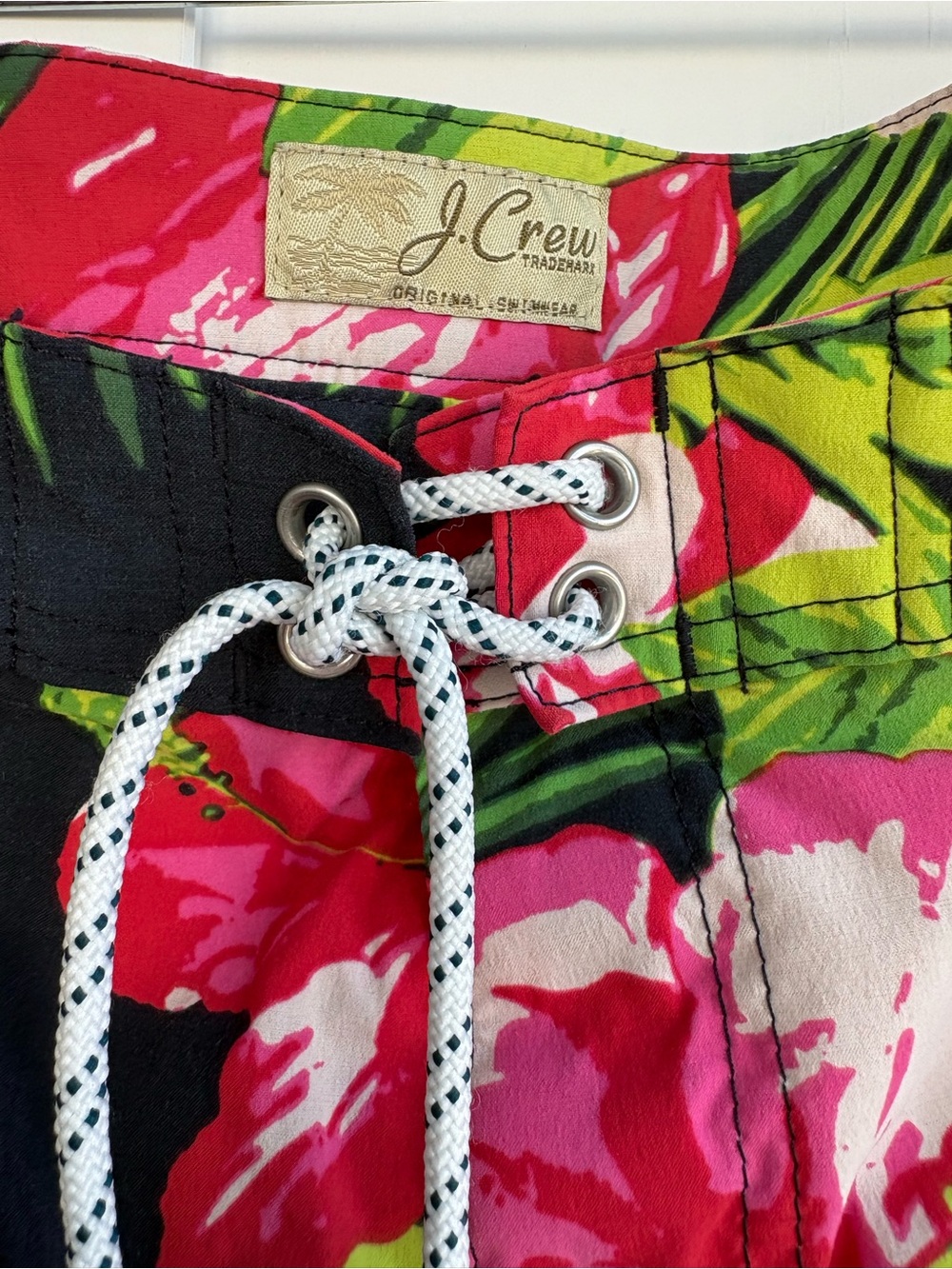 J. Crew Black Board Shorts with Pink Floral & Green Leaves, Size 34 - Picture 4 of 5
